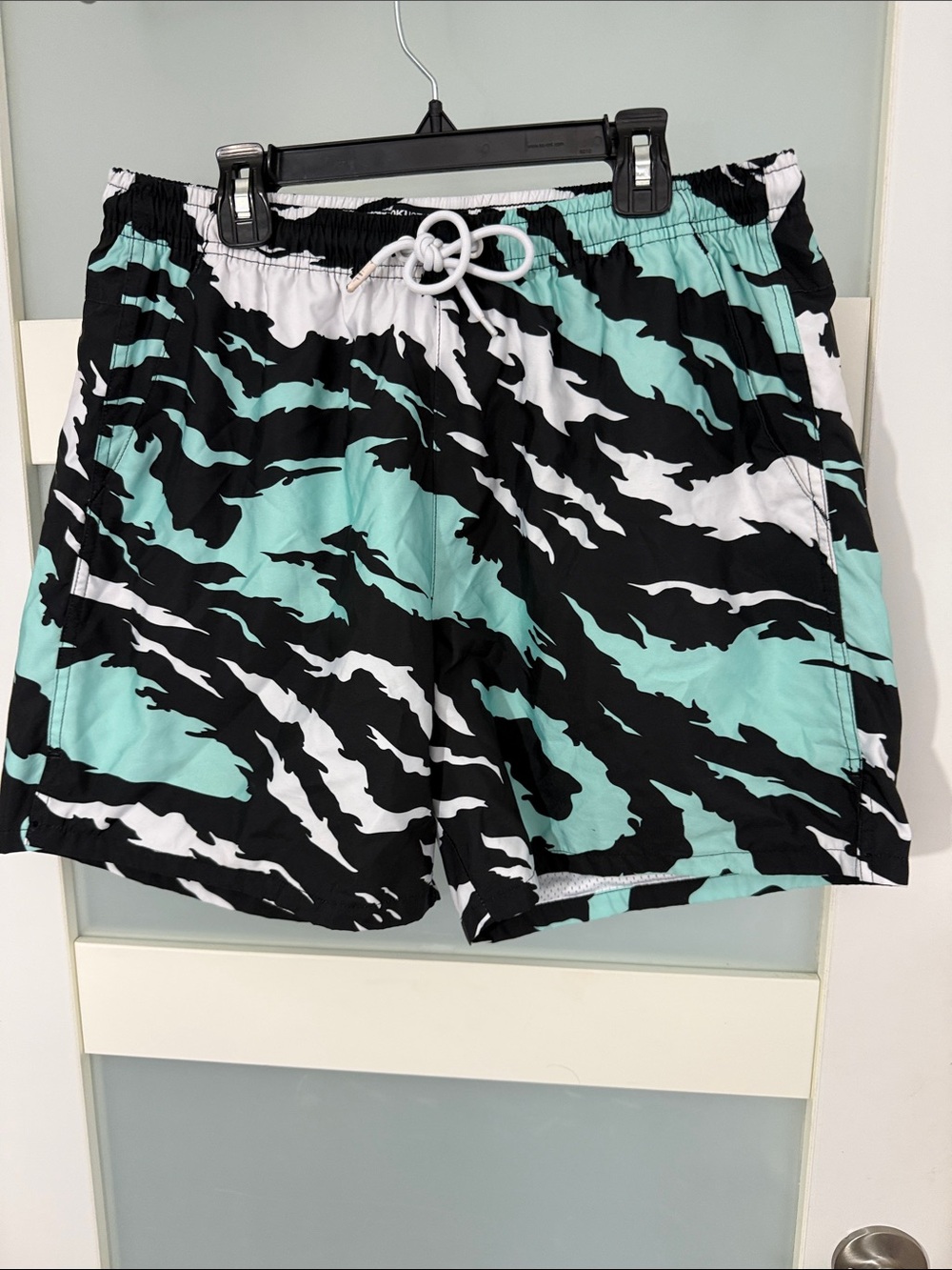 Men's Mint Camo Swim Trunks with Elastic Drawstring Waist